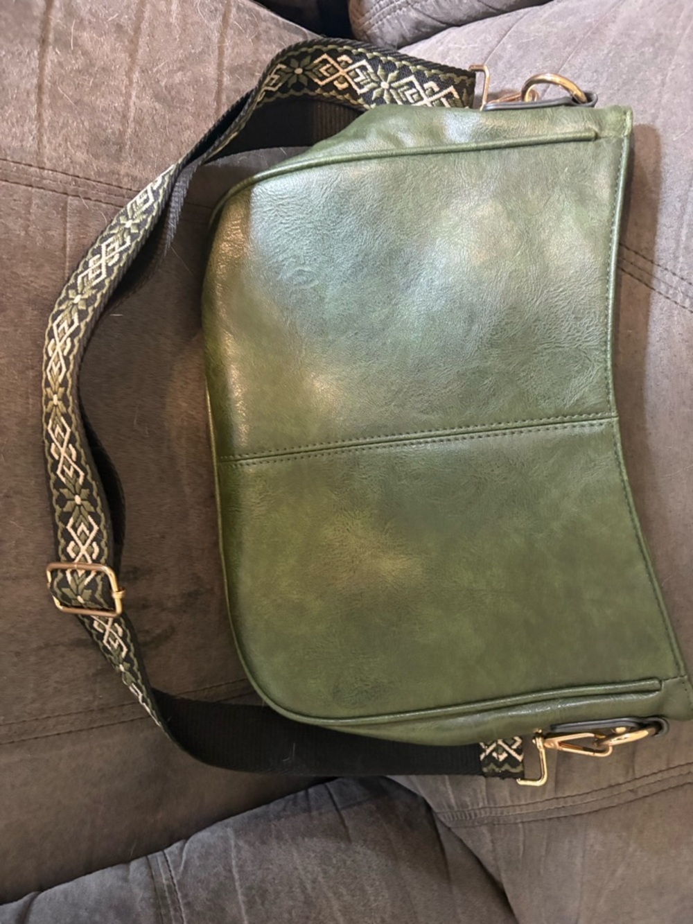 Green Leather Crossbody Bag with Patterned Strap